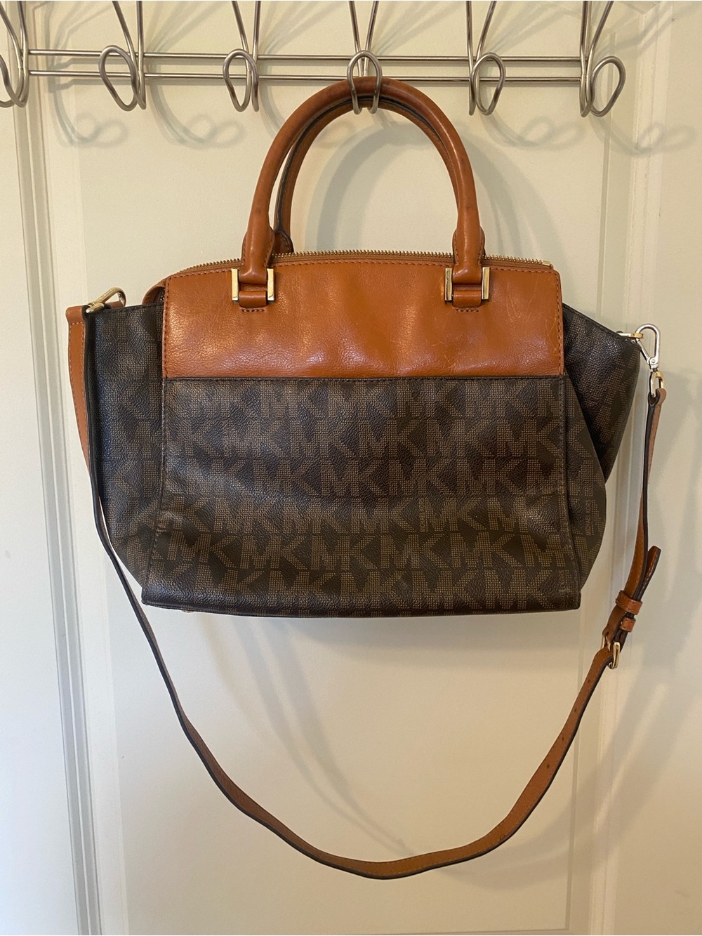 Michael Kors Brown & Tan MK Logo Satchel with Gold Accent - Picture 9 of 13